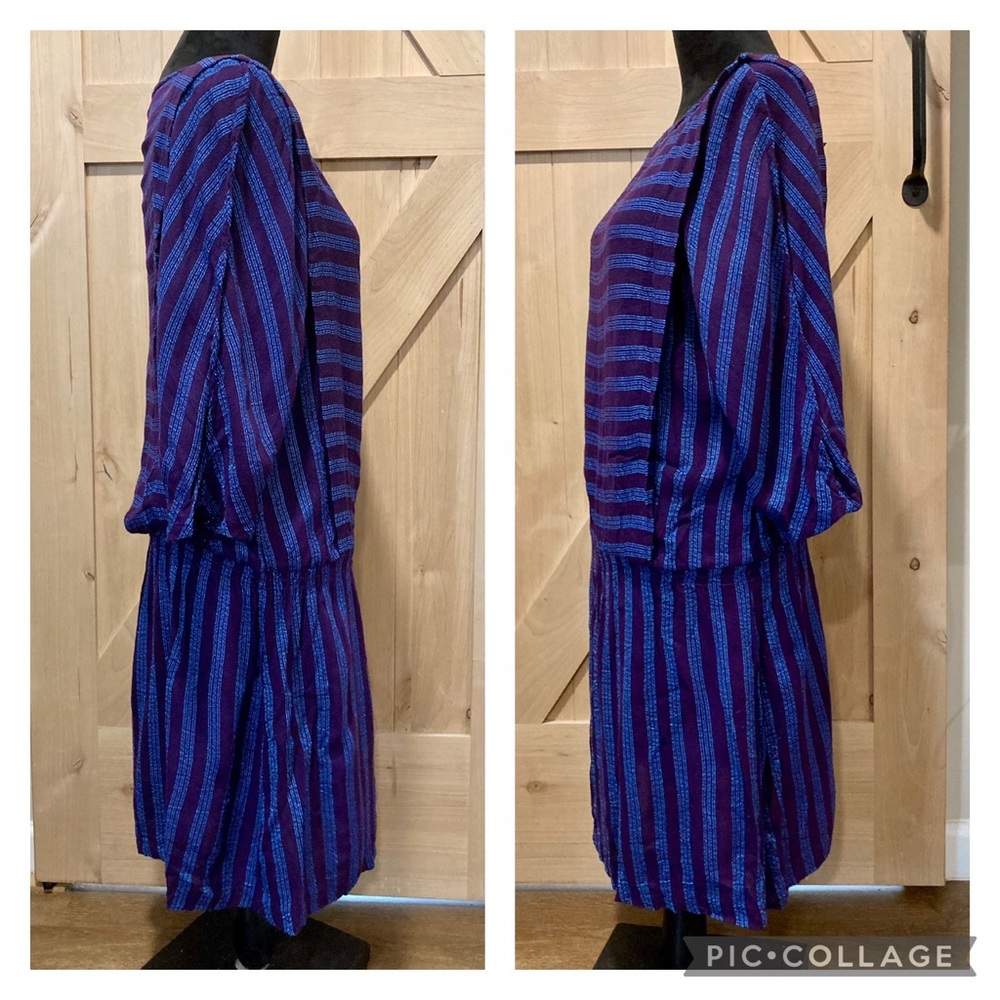 Vintage 90s Purple Blue Striped Drop Waist Dress 3/4 Sleeve Medium - Picture 3 of 12